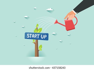 Start up green business growth concept. Human hand with can watering a tree with "Start up" sign board. Vector colorful illustration in flat style 