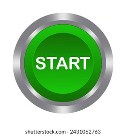 Start green button with metal base. Push, press, control, manipulation, key, knob. Starter, beginning, onset, opening, launch, run the program, turn on, switch, activate, plug in, install, contact