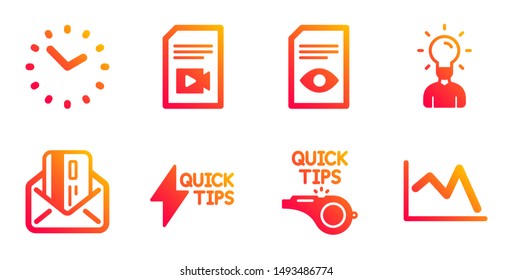 Start guide, Credit card and View document line icons set. Time, Education and Video file signs. Tutorials, Line chart symbols. Lightning symbol, Mail. Education set. Vector