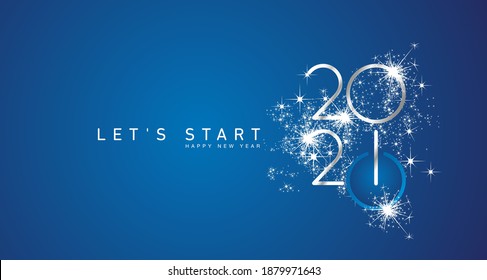 Start of Happy New Year 2021 silver white shining stars rounded typography blue background banner and turn on button icon