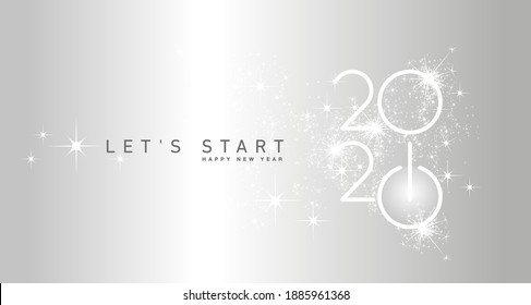 Start of Happy New Year 2021 silver white shining stars rounded typography metallic background banner and turn on button icon