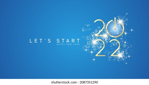 Start of Happy New Year 2022 gold white shining stars rounded typography light blue background banner and turn on button