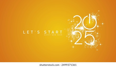 Start of Happy New Year 2025 white shining glitter stars rounded typography orange yellow background banner with turn on button icon