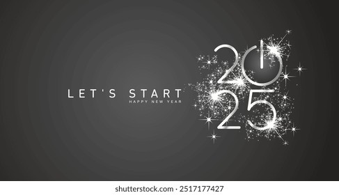 Start of Happy New Year 2025 silver white shining glitter stars rounded typography black background banner with turn on button icon