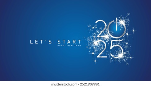 Start of Happy New Year 2025 silver white shining glitter stars rounded typography blue background banner with turn on button icon