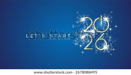 Start of Happy New Year 2026 golden white shining glitter stars rounded typography blue background banner with turn on button icon