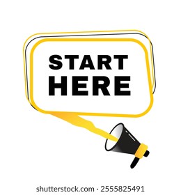 Start here banner flat vector speech bubble, sign. vector illustration design element.