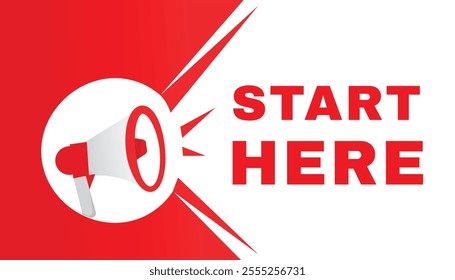 Start here banner and icon megaphone announcement vector graphic. Modern style element for advertising announce.