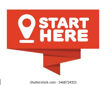 Start Here Banner Vector, Red Badge With Location Pin