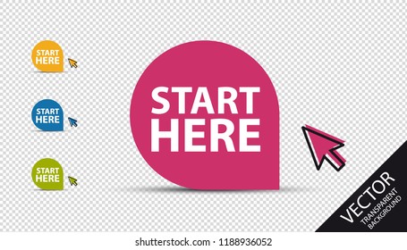 Start Here Button - Colorful Vector Illustration With Mouse Arrow - Isolated On Transparent Background