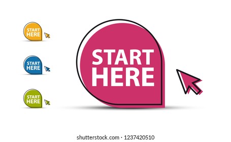 Start Here Button - Colorful Vector Illustration With Mouse Arrow - Isolated On White Background