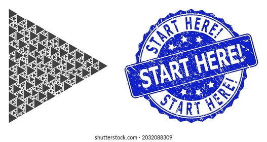 Start Here Exclamation dirty round seal imitation and vector recursive collage play function. Blue stamp seal has Start Here Exclamation caption inside round shape. Vector mosaic is made with