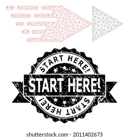 Start Here exclamation grunge stamp and vector rewind forward mesh model. Black stamp seal contains Start Here exclamation text inside ribbon and rosette. Abstract flat mesh rewind forward, created