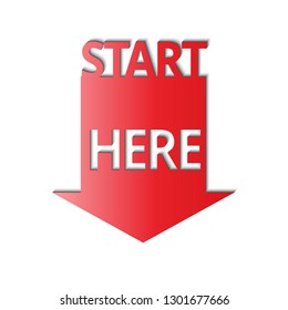 Start Here  Label, Sign, Button, Badge. Red Arrow. Vector Illustration.