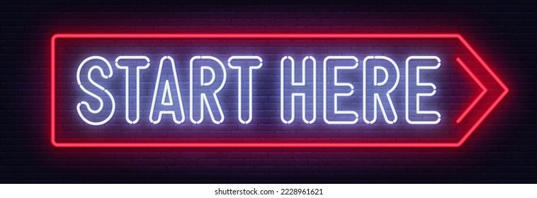 Start here neon sign on brick wall background.