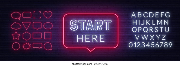 Start Here neon sign in the speech bubble on brick wall background.