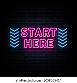 Start here neon signs vector. Design template neon sign