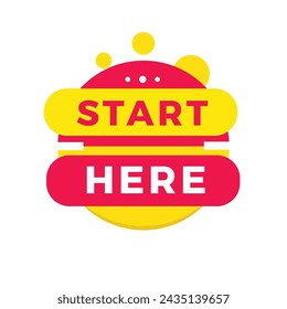 Start here sign, red label banner flat style. Vector design for advertising.