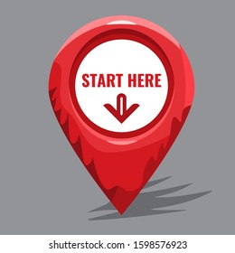 Start here slogan on map pin and arrow showing here. Hand drawn cartoon style vector illustration.