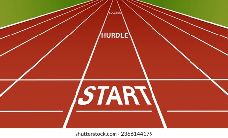 "START", "HURDLE" und "ERFOLGREICH" Wörter auf Leichtathletikspur-Vektorgrafik.