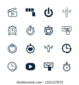 Start icon. collection of 16 start filled and outline icons such as finger pressing play button, push button, stopwatch, switch off. editable start icons for web and mobile.