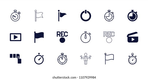 Start icon. collection of 18 start filled and outline icons such as push button, play, switch off, stopwatch, flag, rec. editable start icons for web and mobile.