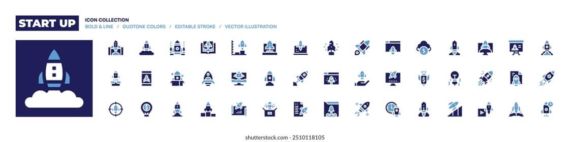 Start up icon collection. Bold style. Duotone colors. initiative, launch, startup, start up, rocket, new product, project launch, undertake, release.