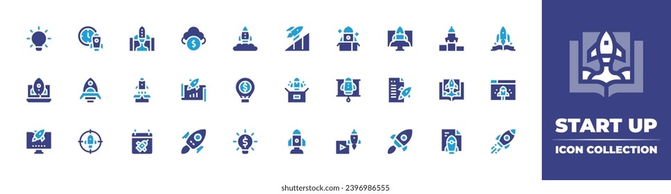 Start up icon collection. Duotone color. Vector and transparent illustration. Containing idea, startup, start up, deployment, launching, launch, take off, advancement, rocket, crowfunding, rocket.