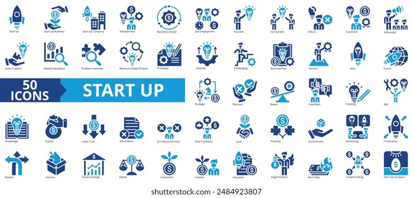 Startsymbol-Kollektion festlegen. Enthalten Start-up-Unternehmen, Start-up-Unternehmen, Unternehmer, Geschäftsmodell, Beschäftigung Symbol. Einfache flache Vektorgrafik