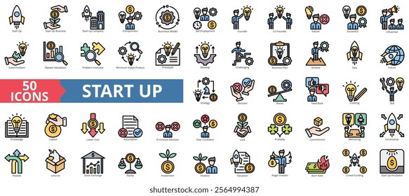 Start up icon collection set. Containing start up business, start up company, entrepreneur, business model, employment icon. Simple flat outline vector illustration