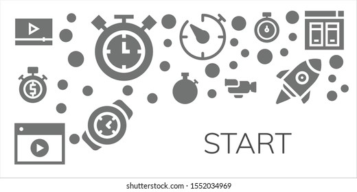 start icon set. 11 filled start icons.  Simple modern icons about  - Video, Timer, Stopwatch, Watch, Startup, Website