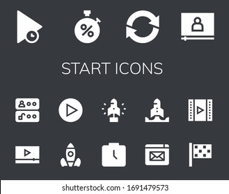 conjunto de iconos de inicio. 14 iconos de inicio rellenos. Incluye los iconos de la bandera Reproducir, Detener, Actualizar, Vídeo, Acceso, Lanzamiento de Cohetes, Ver, Iniciar, Sitio Web, Finalizar