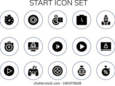 start icon set. 15 filled start icons.  Simple modern icons about  - Stopwatch, Stopclock, Refresh, Startup, Play, Watch, Rocket launch, Video, Button