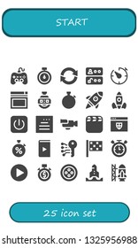 start icon set. 25 filled start icons.  Collection Of - Play, Stopwatch, Refresh, Access, Timer, Website, Stopclock, Startup, Rocket launch, Power, Video, Electronic key, Finish flag