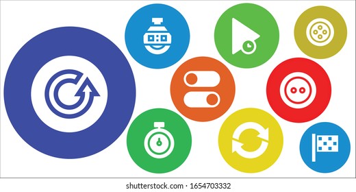 start icon set. 9 filled start icons.  Simple modern icons such as: Refresh, Stopclock, Play, Stopwatch, Switches, Button, Finish flag