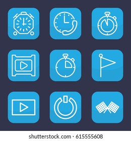 Start icon. set of 9 outline start icons such as play, switch off, stopwatch, finish flag