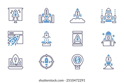 Start up icon set. Bold line style. Duotone colors. Editable stroke. startup, rocket, web design, smartphone, space ship, project launch, start up, undertake, release.