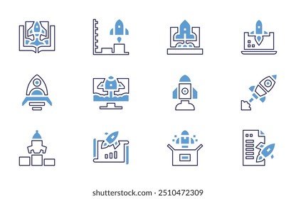 Start up icon set. Bold line style. Duotone colors. Editable stroke. startup, smartphone, boost, start up, rocket, new product, launch, project launch, undertake.