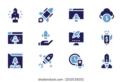 Start up icon set. Bold style. Duotone colors. launch, initiative, rocket ship, economic crisis, startup, take off, crowfunding.