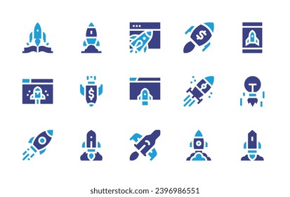 Start up icon set. Duotone color. Vector illustration. Containing rocket, web design, smartphone, launch, creativity, spaceship, promotion, boost, rocket ship, project launch, economic crisis.