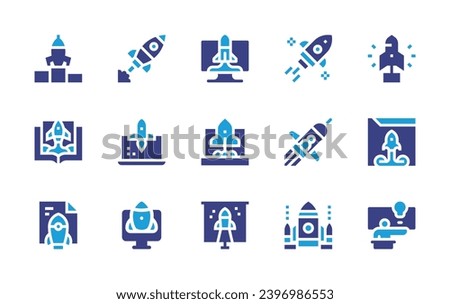 Start up icon set. Duotone color. Vector illustration. Containing start up, startup, deployment, rocket, idea, undertake, launch, monitor, space ship, release.