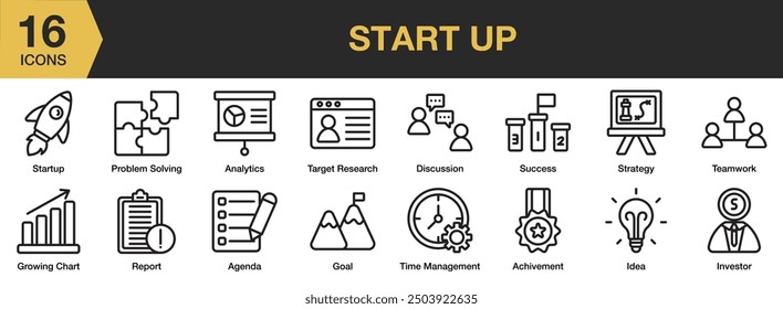 Start Up icon set. Includes achievement, idea, goal, analytics, discussion, strategy, and More. Outline icons vector collection.