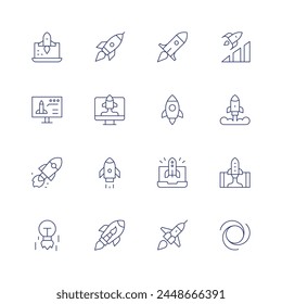 Start up icon set. Thin line icon. Editable stroke. Containing creativity, monitor, release, deployment, startup, advancement, automaticstartup, spaceship.