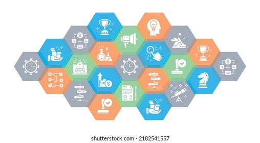 Iniciar conjunto de iconos. Administración de tiempo, generación de ideas, banner de encabezado web de presentación.