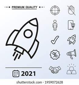 Start up icon, sign, rocket, vector set, outline illustration concept. Extra vector elements for your design. Vector illustration