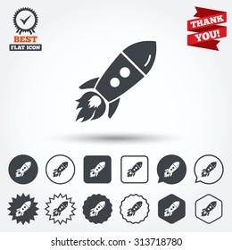 Start up icon. Startup business rocket sign. Circle, star, speech bubble and square buttons. Award medal with check mark. Thank you. Vector
