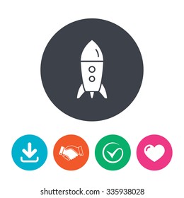 Start up icon. Startup business rocket sign. Download arrow, handshake, tick and heart. Flat circle buttons.