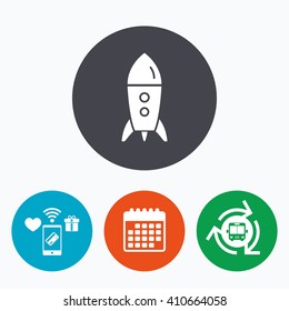 Start up icon. Startup business rocket sign. Mobile payments, calendar and wifi icons. Bus shuttle.