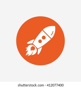 Start up icon. Startup business rocket sign. Orange circle button with icon. Vector