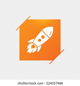 Start up icon. Startup business rocket sign. Orange square label on pattern. Vector